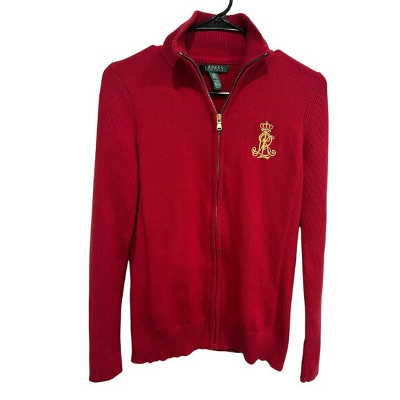 Vintage Lauren Ralph Lauren Full Zip Cardigan Sweater Red Sz Large Crown Logo - Picture 1 of 9
